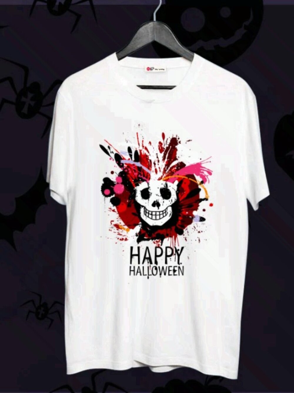 Happy Halloween Skull Splatter White Graphic T-Shirt Tee